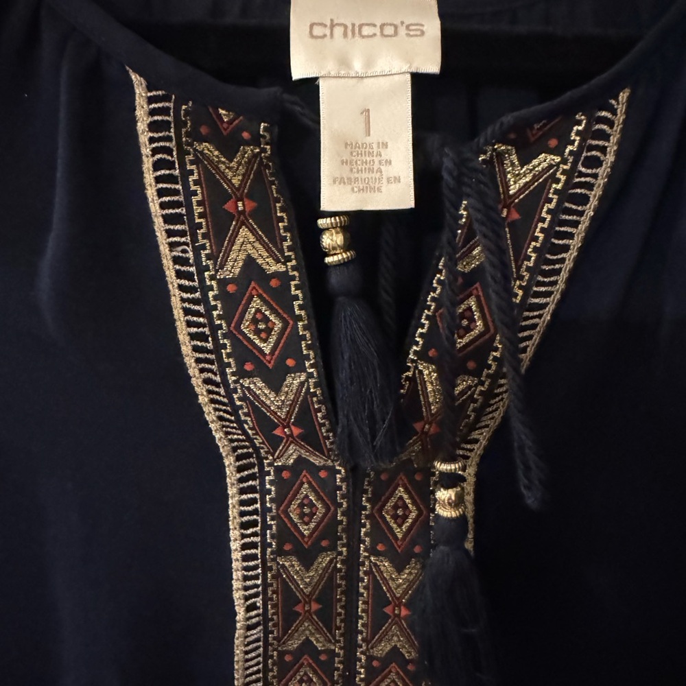 Chico's Blue Embellished long Sleeve Blouse with Mandarin Collar - Picture 2 of 6